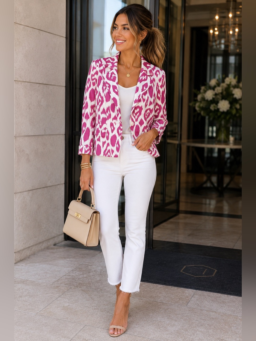Lafayette 148 New York Pink Ikat Print Cropped Blazer Jacket Career Chic size 8